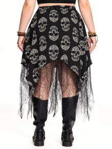 ROMWE Grunge Punk Plus Size Women's Asymmetrical Hem Punk Skeleton Print Mesh Skirt, Halloween - Black - View 5