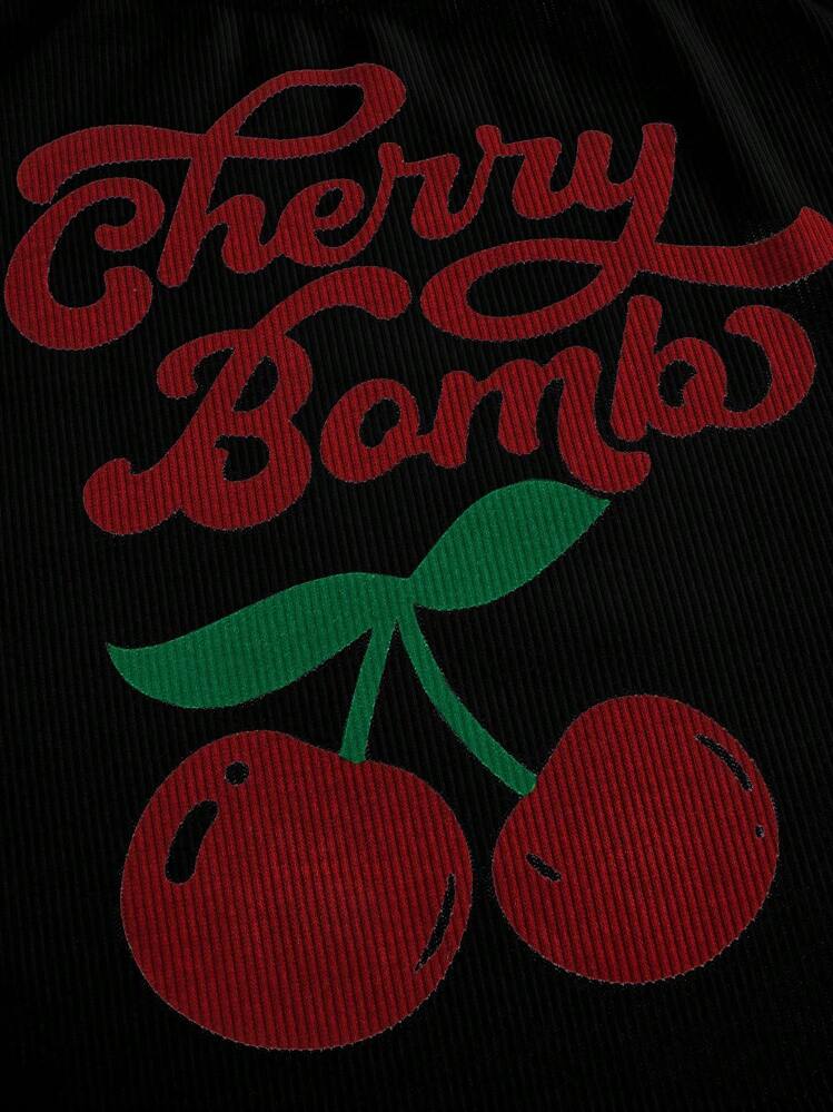 ROMWE Kawaii 不对称领口蕾丝下摆樱桃印花短袖二合一 T 恤，学校 - 黑色 - 查看 4