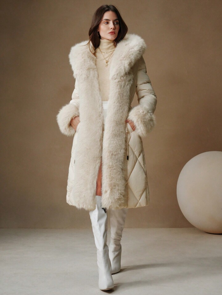 Anewsta Long Thick Faux Fur Collar Front Zipper Waist