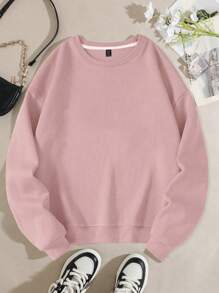 Flirla Plus Size Women's Solid Round Neck Thermal Lined Sweatshirt, For Winter , Graduation, Teachers For Women, Back To School Pullover Fall Autumn - Dusty Pink - View 1