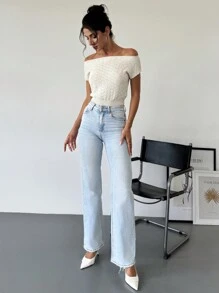 SHEIN Privé Suéter elegante y sencillo de punto para mujer con hombros descubiertos, parte superior suelta y Bottom ajustada - Albaricoque - Ver 4