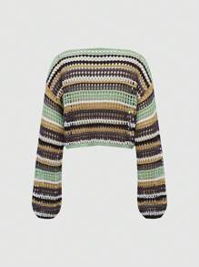 Chiquease Casual Colorblock Striped Hollow Out Knitted Sweater, Spring/Fall, Fall Winter - Multicolor - View 2