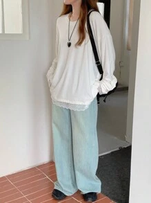DAZY 女士休闲纯色蕾丝拼布圆领长袖 T 恤，春秋装，荷叶边学院风上衣，秋季女装 - 白色 - 查看 2
