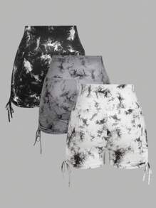 SHEIN EZwear 3pcs Set: Ruched Side Drawstring Tie-Dye Pattern Fitted Cropped Leggings, Spring/Summer - Multicolor - View 2