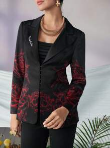 KATHARSIS Frida Kahlo X SHEIN X Designer 商务休闲尖头翻领花朵印花修身西装外套，适合节日、感恩节、春季、节日、办公室 - 黑色 - 查看 3