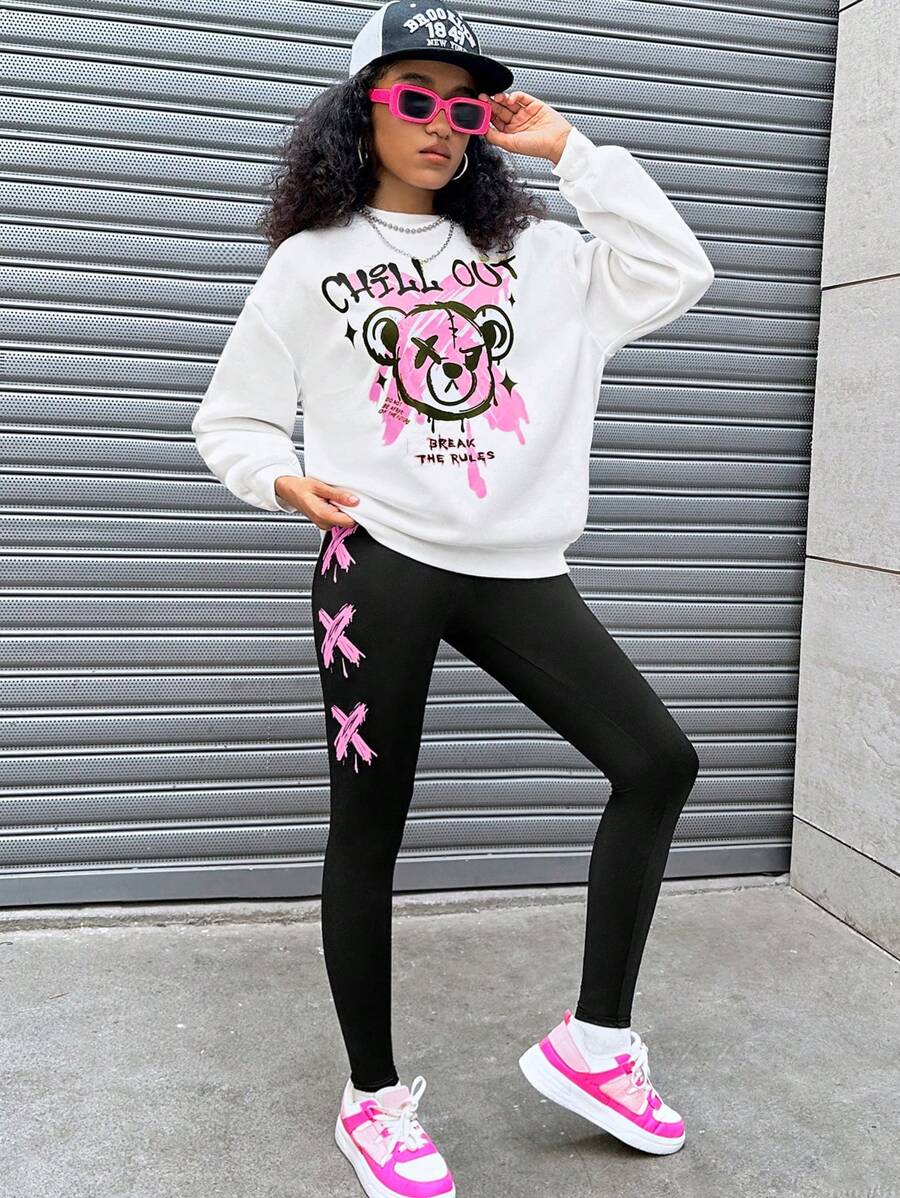 SHEIN SLAYR KIDS Teen Girls White Crew Neck Teddy Bear Graffiti Print Loose Sweatshirt And Casual Active Pants 2 Piece Set - Black and White - View 1