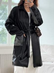 SHEIN EZwear Mantel Berikat dengan Panel Kontras Kulit Imitasi Hitam - Hitam - View 1