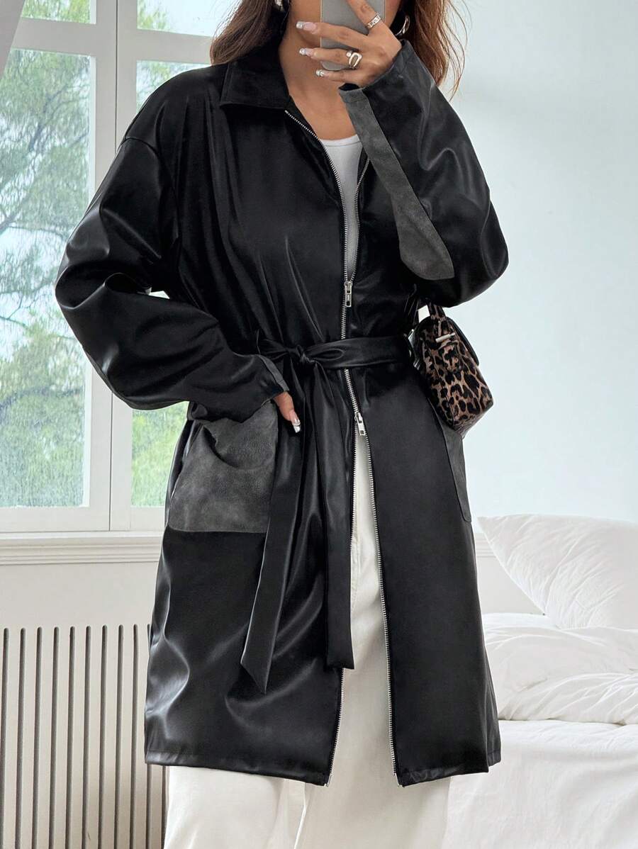 SHEIN EZwear Mantel Berikat dengan Panel Kontras Kulit Imitasi Hitam - Hitam - View 1