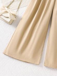 SHEIN 青少年女孩时尚宽松喇叭阔腿时尚休闲裤 - 卡其色 - 查看 4