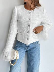 SHEIN Privé 女式白色长袖羽绒袖短款毛圈布夹克 - 白色 - 查看 7