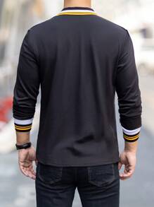 Manfinity Homme Men Ribbed Striped Long Sleeve Casual Business Fashion Polo Shirt