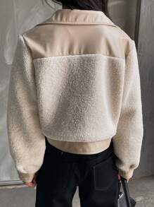 DAZY Women's Autumn Casual Color Block Cropped Jacket,Thermal Lined - Beige - View 6