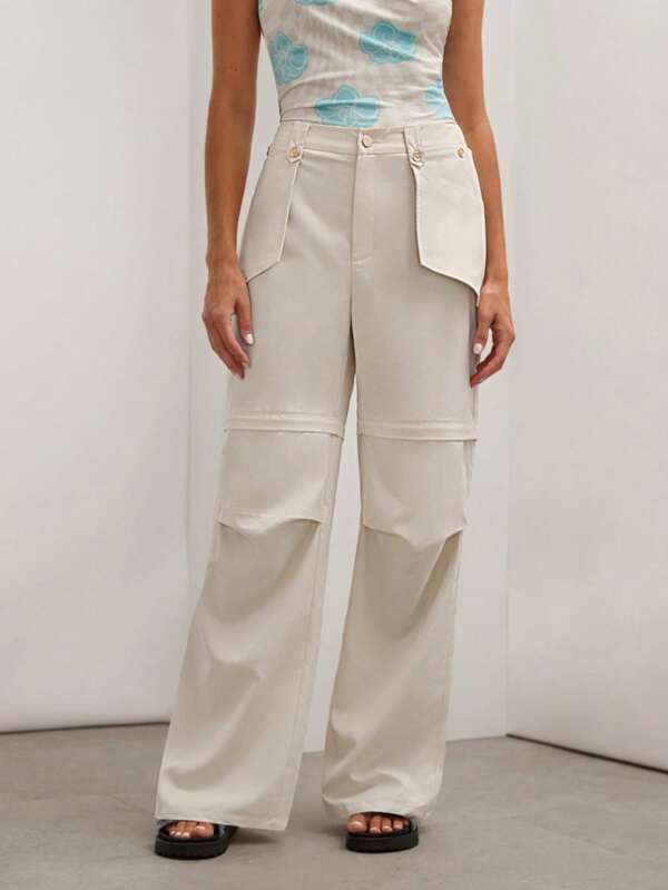 COSMINA Pantalones casuales sueltos y plisados de pierna ancha de unicolor para mujer