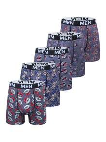 5pcs/Set Men's Fashionable All-Over Letter Print Comfortable Boxer Briefs - Multicolor - View 1