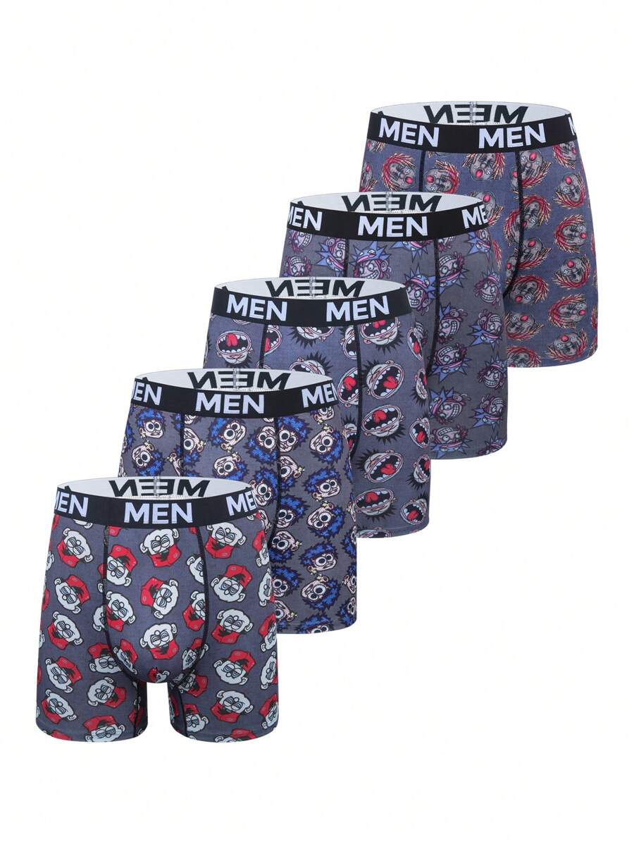 5pcs/Set Men's Fashionable All-Over Letter Print Comfortable Boxer Briefs - Multicolor - View 1