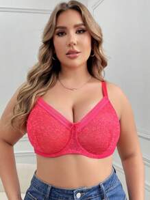 1pc Lace Plus Size Supportive Underwire Bra - Red - View 5