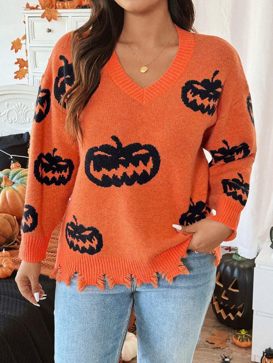 Calvaya Plus Size V-Neck Long Sleeve Pumpkin Print Loose Pullover Sweater Knit Pullover Fall Winter Outfit Autumn