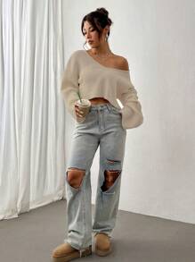 SHEIN Unity Women's Oversized V-Neck Textured Knit Casual Sweater, Autumn/Winter,Long Sleeve Tops, Knit Pullover Fall - Apricot - View 3