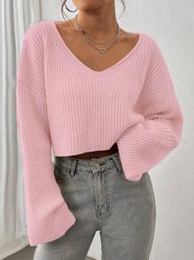Textured V-Neck Long Sleeve Minimalist Sweater, Casual Everyday Wear - Pink - View 3