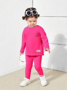 SHEIN Babygirl 可爱针织字母图案长袖上衣和松紧腰裤套装 - 西瓜粉 - 查看 3