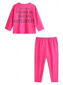 SHEIN Babygirl 可爱针织字母图案长袖上衣和松紧腰裤套装 - 西瓜粉 - 查看 8