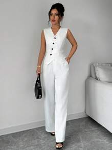 1 Set de traje de trabajo con chaleco sin mangas con botones frontales a rayas y pantalones - Multicolor - Ver 1