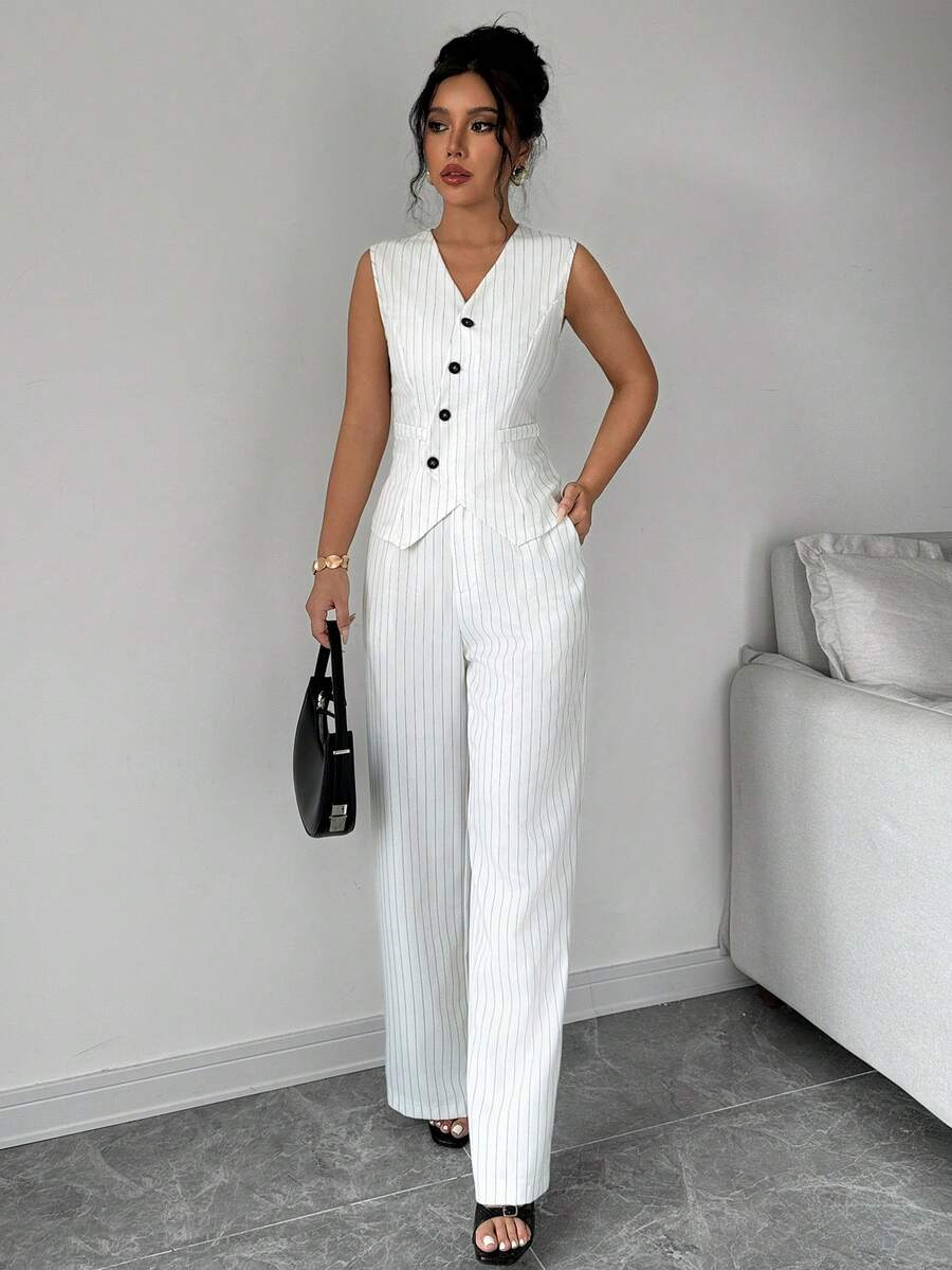 1 Set de traje de trabajo con chaleco sin mangas con botones frontales a rayas y pantalones - Multicolor - Ver 1