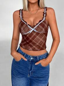 Aloruh Women's Street Daily Simple Casual Elegant Inner Top Knitted Daily Coffee Color Plaid Contrast Color Frill Bow Decorative Tank Top - Multicolor - View 2