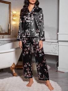 LuxeNights Faux Silk Floral Print Collared Long Sleeve Top & Pants Pajama Set, Fall Winter Clothes Cozy And Elegant Details - Black - View 4