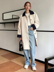 DAZY Chaqueta de mujer de color contrastante de longitud media, abrigos de otoño para mujer - Beis - Ver 3