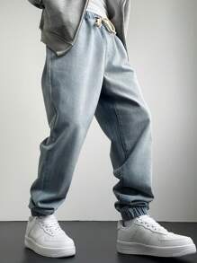 Manfinity Hypemode Pantalones vaqueros holgados tipo harem de color liso con cordón en la cintura para hombre, pantalones rectos largos desgastados de carga de color azul claro, regalos para esposo o novio - Azul - Ver 4