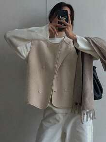 DAZY 女士休闲/商务仿羊羔绒无袖外套，秋季女式背心大衣 - 杏色 - 查看 1