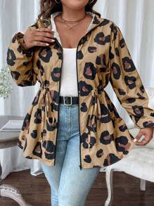 SHEIN LUNE Abrigo con capucha, estampado de leopardo, cordón ajustable en la cintura, para primavera y otoño, talla grande - Marrón - Ver 1