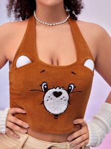 SHEIN X Care Bears Áo hở vai thêu tai gấu 3D dễ thương cỡ lớn cho nữ, Halloween mùa thu - màu nâu - Xem 3