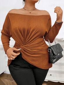Calvaya Plus Size Off Shoulder Twist Knot Casual Plain T-Shirt For Spring & Autumn - Coffee Brown - View 3