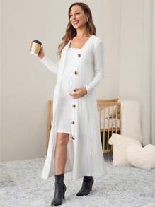 SHEIN 2pcs Maternity Outfit Set - Long Sleeve Buttoned Knit Cardigan And Body-Con Midi Dress, Fall/Winter - White - View 5