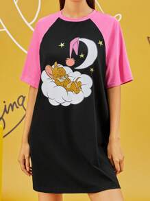 TOM & JERRY X SHEIN Damska koszula nocna z kontrastowym nadrukiem kreskówkowym, raglanowymi rękawami, lato