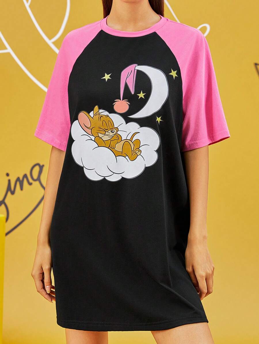 TOM & JERRY X SHEIN Damska koszula nocna z kontrastowym nadrukiem kreskówkowym, raglanowymi rękawami, lato