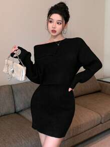 DAZY 女式修身不对称领口设计短款毛衣裙，新年除夕露肩秋冬舞会礼服 - 黑色 - 查看 2
