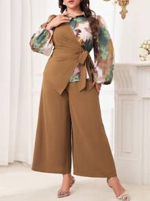 Modelyn 2 件大码春秋优雅花卉印花系腰裹身衬衫和纯色阔腿裤套装 - 彩色 - 查看 1