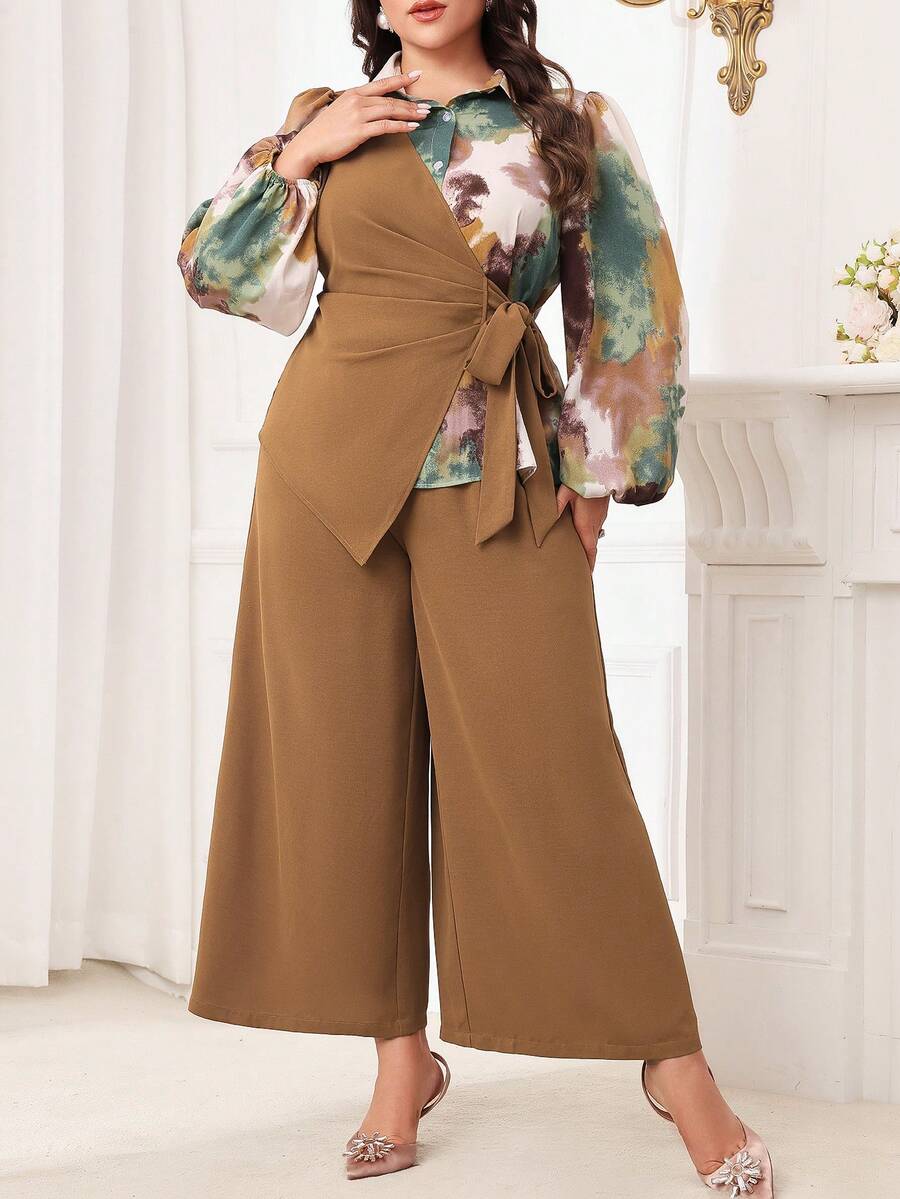 Modelyn 2 件大码春秋优雅花卉印花系腰裹身衬衫和纯色阔腿裤套装 - 彩色 - 查看 1