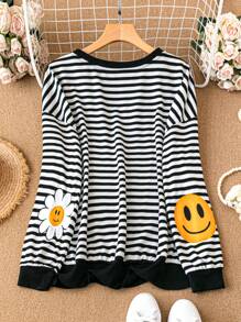 SHEIN Essnce Sudadera de mujer de talla grande con rayas negras y blancas, nueva moda de otoño, casual, deportiva y linda, tops de mujer de otoño de manga larga, sudaderas de otoño