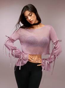 SHEIN Unity Áo cánh nữ cổ tròn tay dài buộc dây thời trang thiết kế lưới cắt cúp lãng mạn nhẹ nhàng thanh lịch - Màu tím hoa cà - Xem 1
