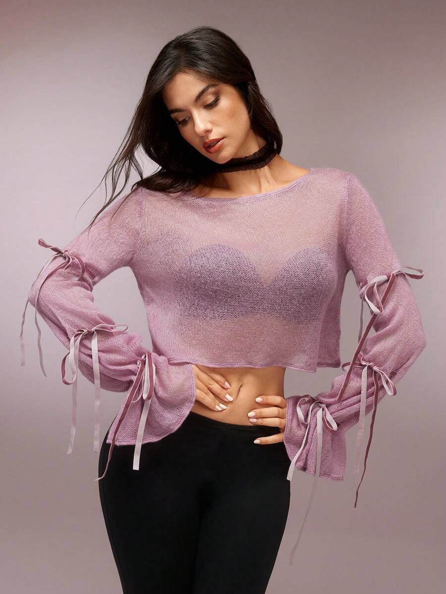 SHEIN Unity Áo cánh nữ cổ tròn tay dài buộc dây thời trang thiết kế lưới cắt cúp lãng mạn nhẹ nhàng thanh lịch - Màu tím hoa cà - Xem 1