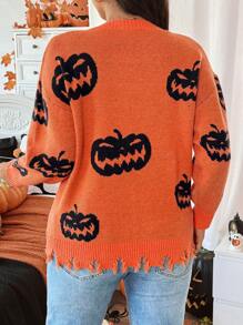 Calvaya Plus Size V-Neck Long Sleeve Pumpkin Print Loose Pullover Sweater Knit Pullover Fall Winter Outfit Autumn
