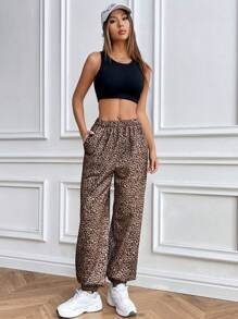 Flirla Women's Leopard Print Drawstring Waist Casual Sweatpants - Multicolor - View 3