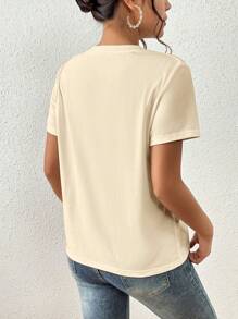 SHEIN Essnce 休闲宽松花卉图案圆领短袖女式T恤，适合夏季 - 杏色 - 查看 2