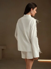 Anewsta Áo sơ mi nữ tay dài rộng rãi màu trắng in hình lông vũ độc đáo - trắng - Xem 2