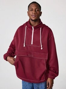Manfinity VCAY Men's Loose Fit Long Sleeve Hooded Sweatshirt, For Fall Winter - Burgundy - View 3