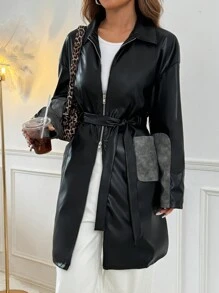 SHEIN EZwear Mantel Berikat dengan Panel Kontras Kulit Imitasi Hitam - Hitam - View 3